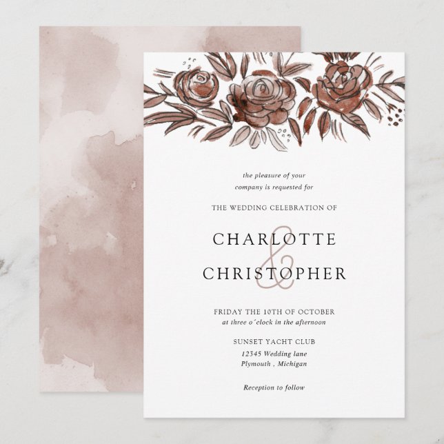 Invitation Aquarelle rose pâle lin mariage (Devant / Derrière)