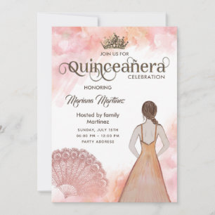 Invitation Aquarelle rose pâle main ventilateur tiara Quince