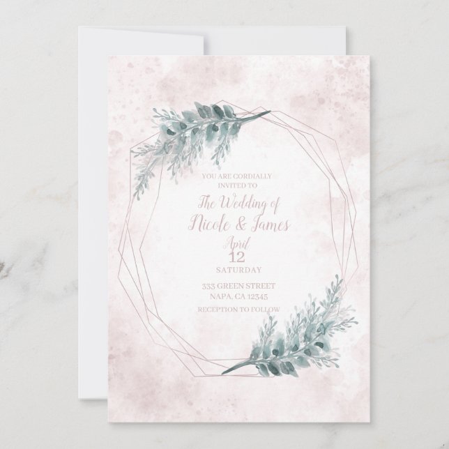 Invitation Aquarelle rose pâle Mariage botanique géométrique (Devant)