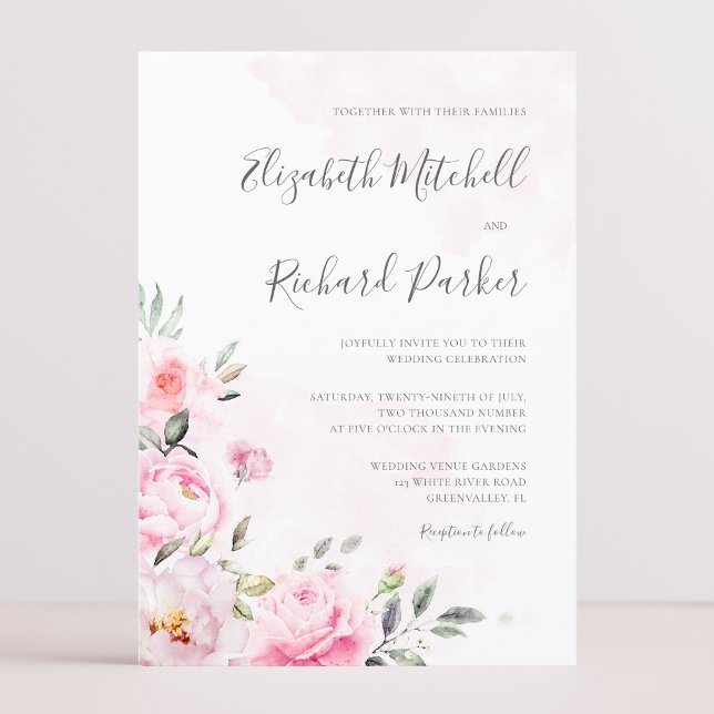 Invitation Aquarelle rose pâle Mariage de verdure Florale (Créateur téléchargé)