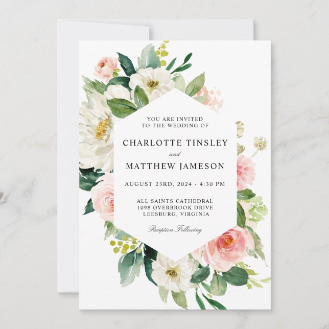 Invitation Aquarelle rose pâle Mariage Floral (Devant)
