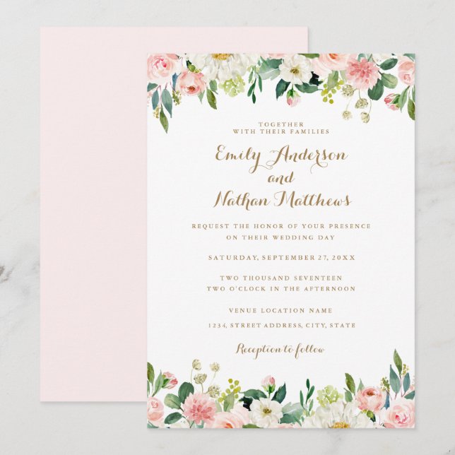 Invitation Aquarelle rose pâle Mariage floral (Devant / Derrière)