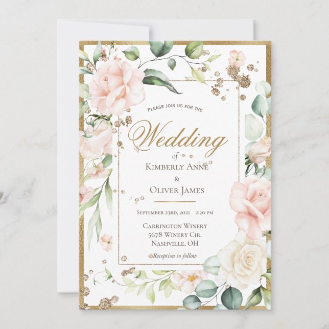 Invitation Aquarelle rose pâle Mariage floral romantique (Devant)