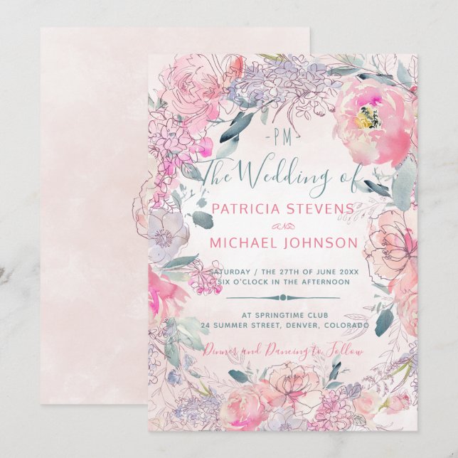 Invitation Aquarelle rose pâle monogrammée mariage de jardin (Devant / Derrière)