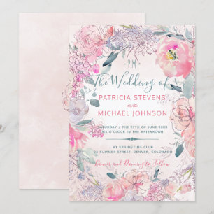 Invitation Aquarelle rose pâle monogrammée mariage de jardin