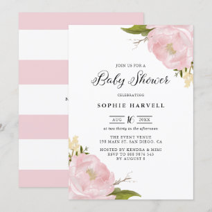 Invitation Aquarelle rose pâle Peonies Joli Baby shower