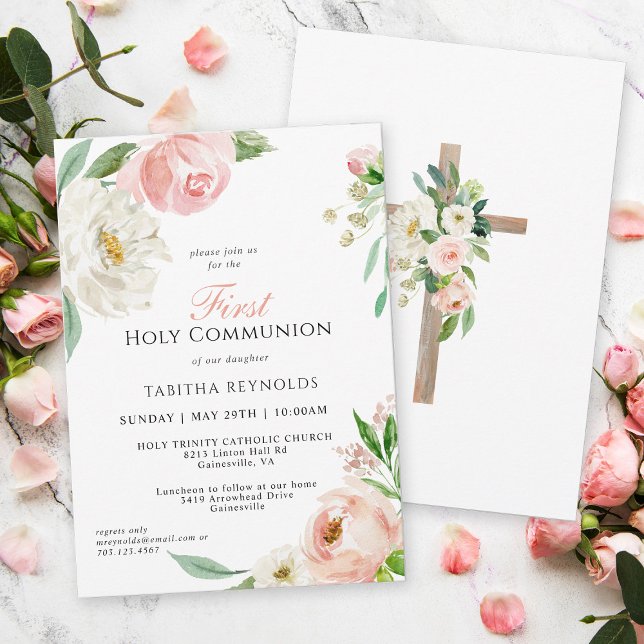 Invitation Aquarelle rose pâle Première communion florale (Créateur téléchargé)