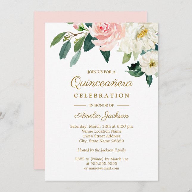 Invitation Aquarelle rose pâle Quinceanera (Devant / Derrière)