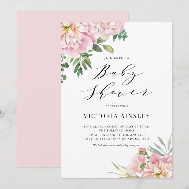 Invitation Aquarelle rose pâle Rose Baby shower Floral (Devant / Derrière)