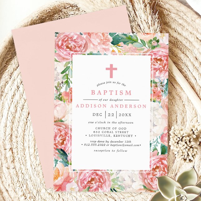 Invitation Aquarelle rose pâle Rose Baptême floral (Créateur téléchargé)
