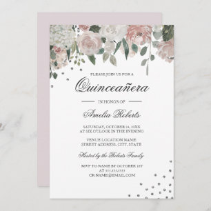 Invitation Aquarelle rose pâle Silver Floral Quinceanera