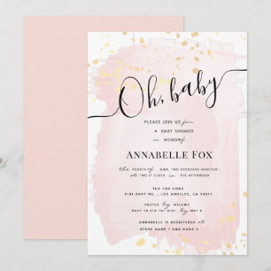 Invitation Aquarelle rose pâle x Baby shower plaquettes or