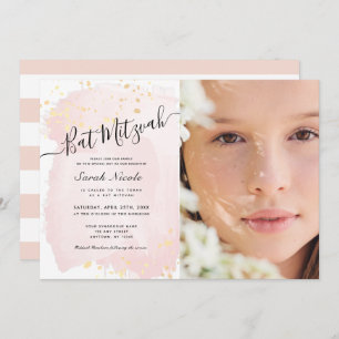 Invitation Aquarelle rose pâle x Bat mitzvah photo or