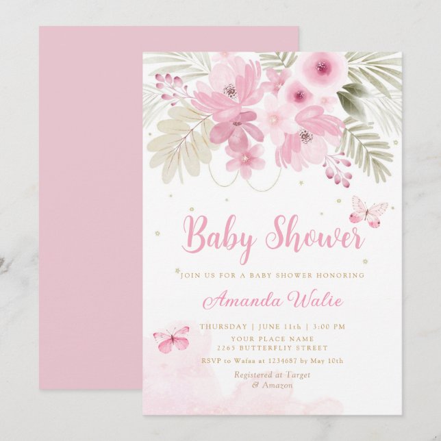 Invitation Aquarelle rose papillon floral Baby shower fille (Devant / Derrière)