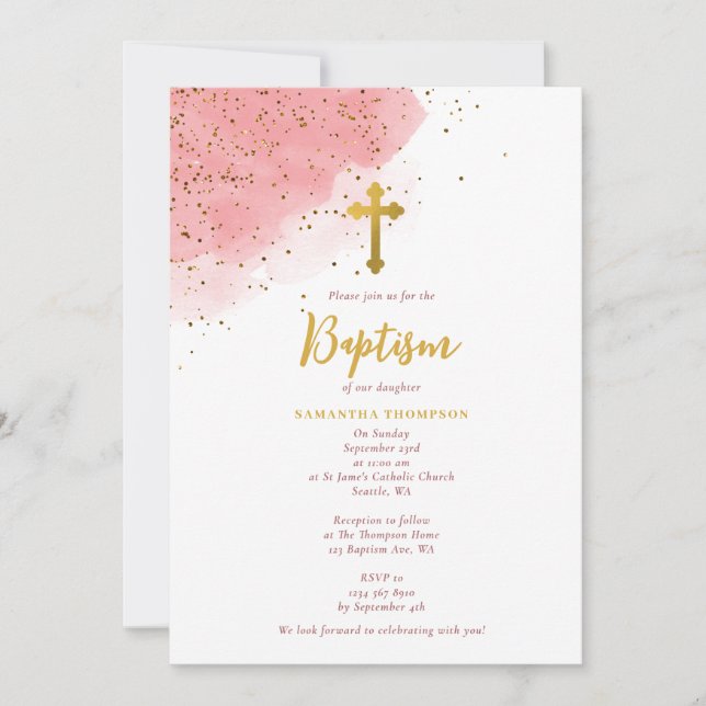 Invitation Aquarelle rose Parties scintillant Gold Cross Bapt (Devant)