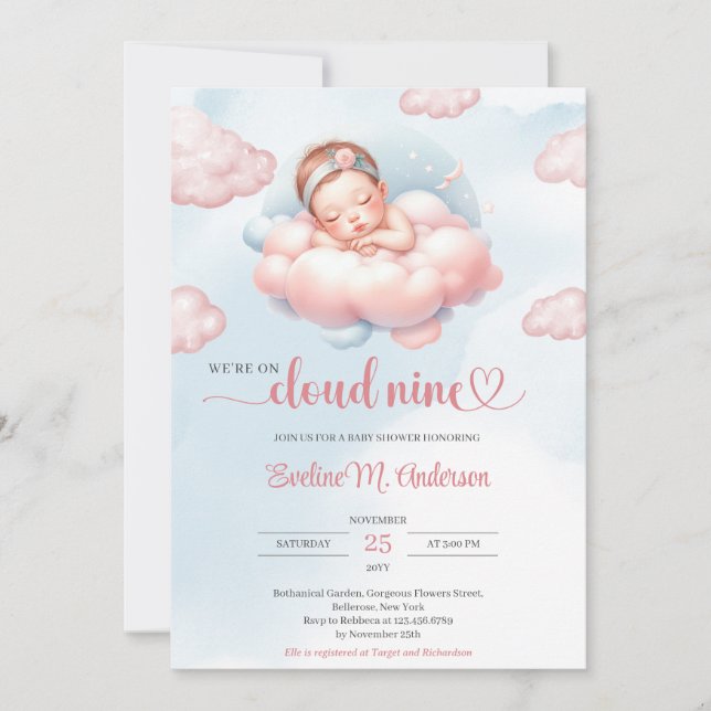 Invitation Aquarelle rose pastel bleu nuage neuf fille (Devant)