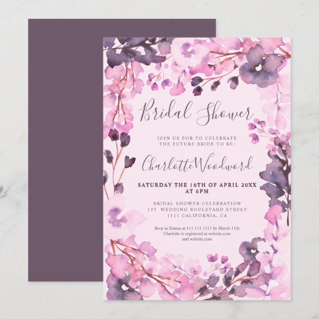 Invitation Aquarelle rose pastel rose fleurie douche nuptiale (Devant / Derrière)