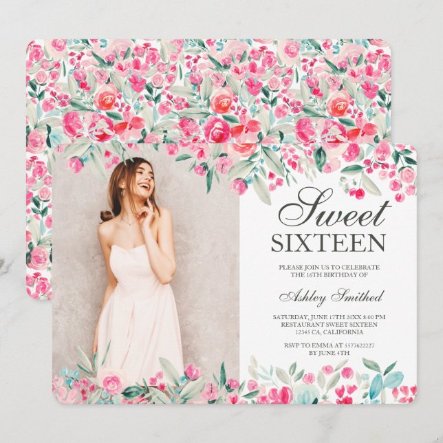 Invitation Aquarelle rose pastel vert-rose-vert-vert-vert-cou (Devant / Derrière)