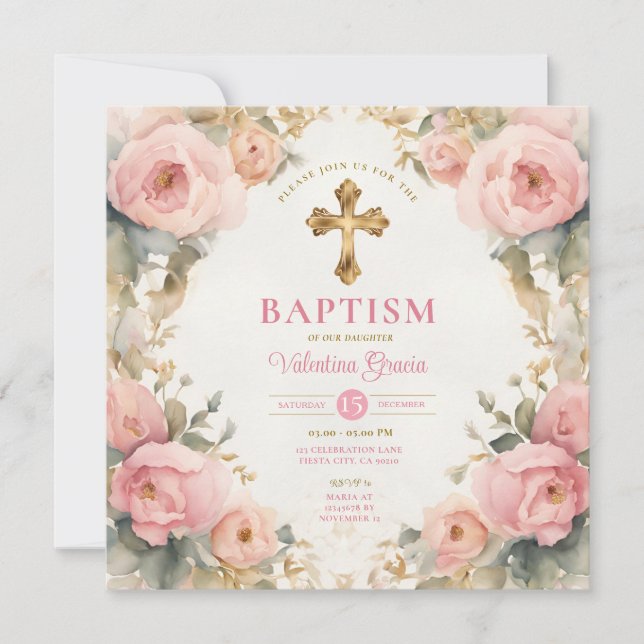 Invitation Aquarelle rose Pêche fille Baptême Croix Florale (Devant)