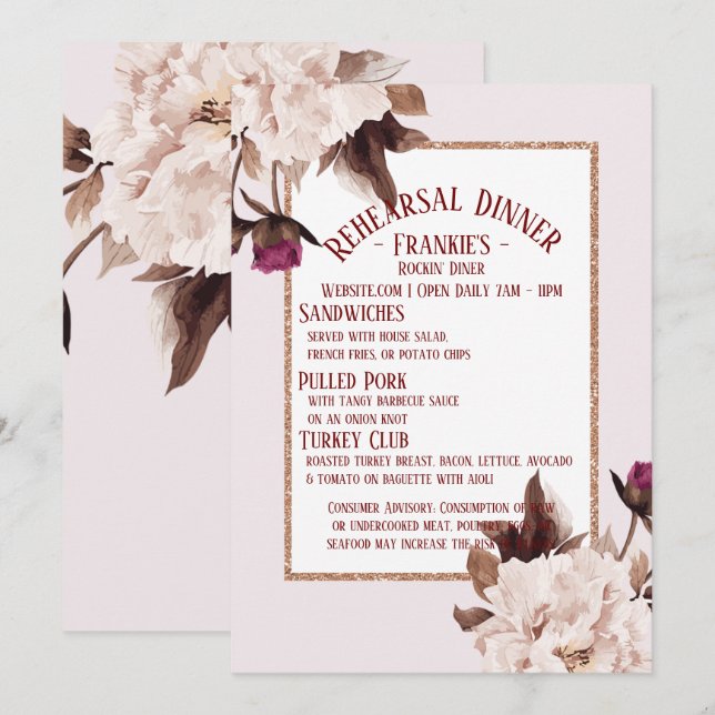 Invitation Aquarelle rose Peony Dîner De Répétition Florale (Devant / Derrière)