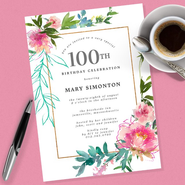 Invitation Aquarelle rose Peony Floral 100e anniversaire (Créateur téléchargé)