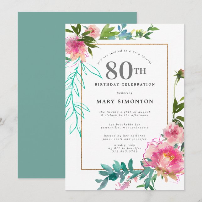 Invitation Aquarelle rose Peony Floral 80e anniversaire (Devant / Derrière)