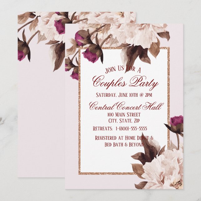 Invitation Aquarelle rose Peony Floral Couples Party (Devant / Derrière)