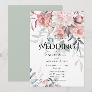 Invitation Aquarelle rose Peony Mariage de verdure