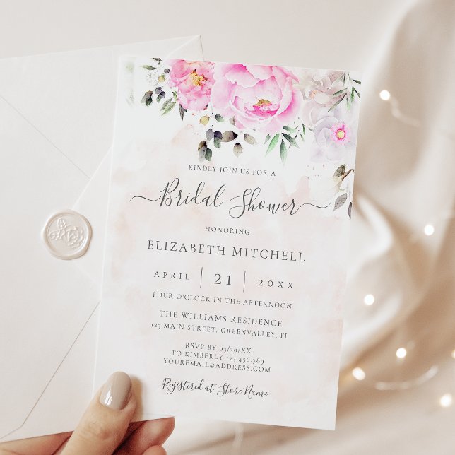 Invitation Aquarelle rose Pierre florale Fête des mariées élé (Créateur téléchargé)