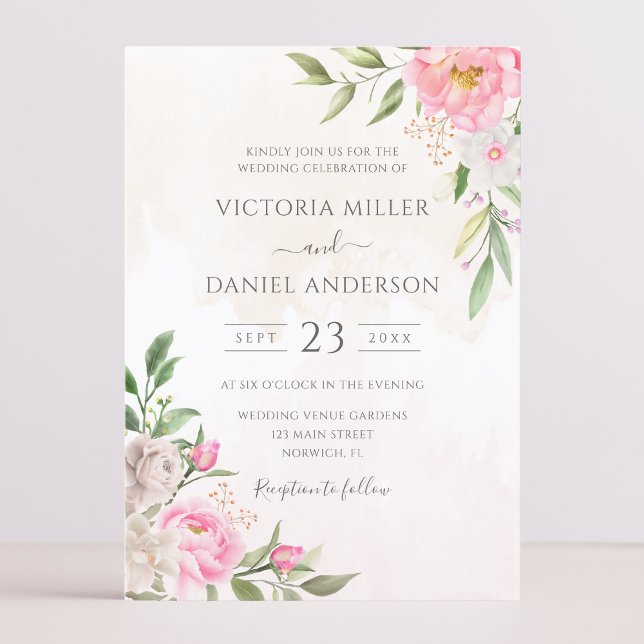 Invitation Aquarelle rose pivoines florales Mariage élégant (Créateur téléchargé)