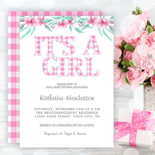 Invitation Aquarelle rose Plaid Floral Girl Baby shower (Pink Plaid Watercolor Floral Girl Baby Shower Invitation)