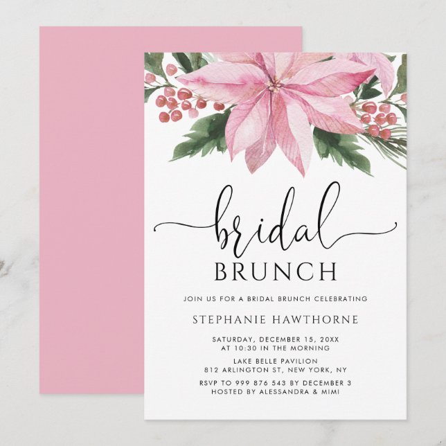 Invitation Aquarelle rose Poinsettia Bridal d'hiver Brunch (Devant / Derrière)