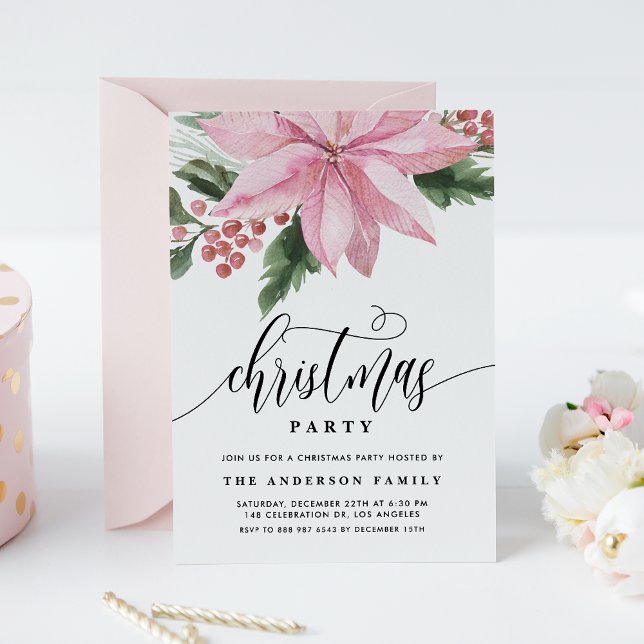 Invitation Aquarelle rose Poinsettia Holly Christmas Party (Créateur téléchargé)