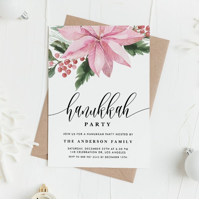Invitation Aquarelle rose Poinsettia Holly Hanoukka Party (Créateur téléchargé)