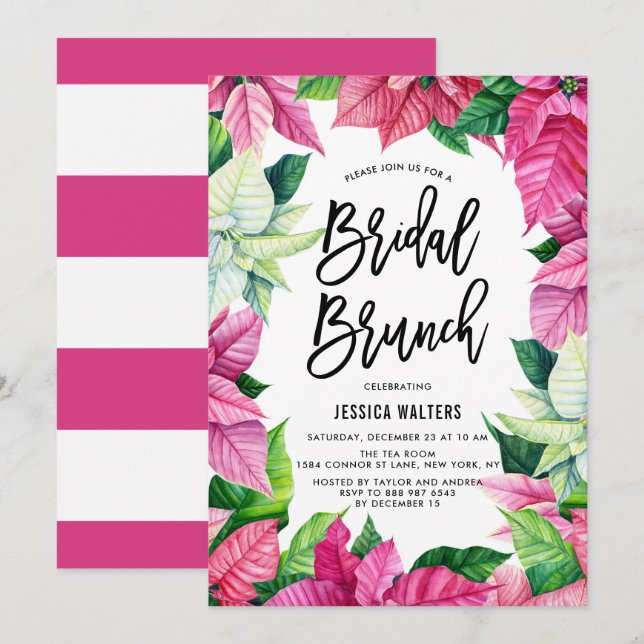 Invitation Aquarelle rose Poinsettias Floral Bridal Brunch (Devant / Derrière)