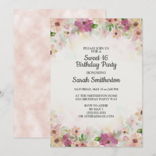 Invitation Aquarelle rose pourpre crème douce 16 Anniversaire