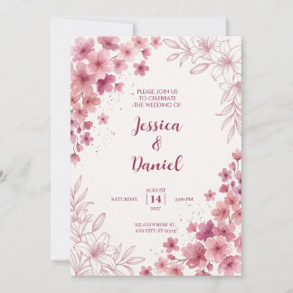Invitation Aquarelle rose poussiéreuse et floral esquissé