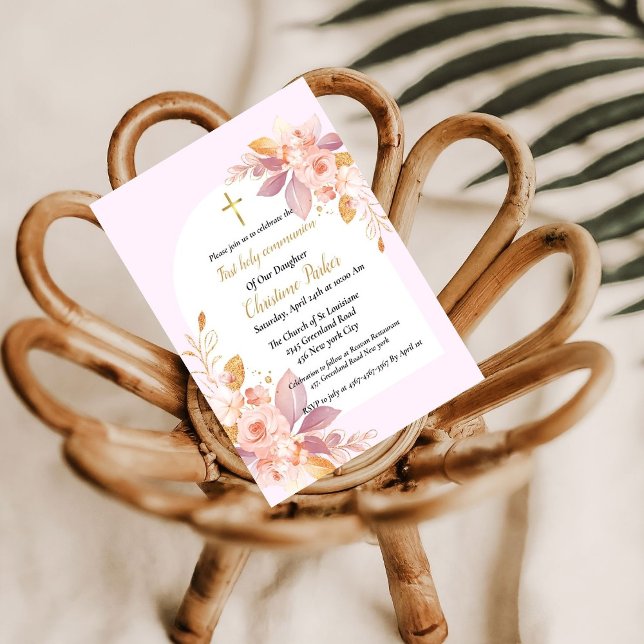 Invitation Aquarelle rose première communion sainte (Créateur téléchargé)