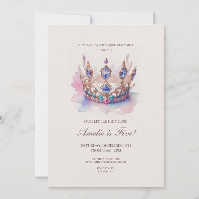 Invitation Aquarelle rose princesse Couronne Fairytale Annive (Devant)