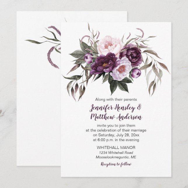 Invitation Aquarelle rose prune violette Mariage floral #3 (Devant / Derrière)