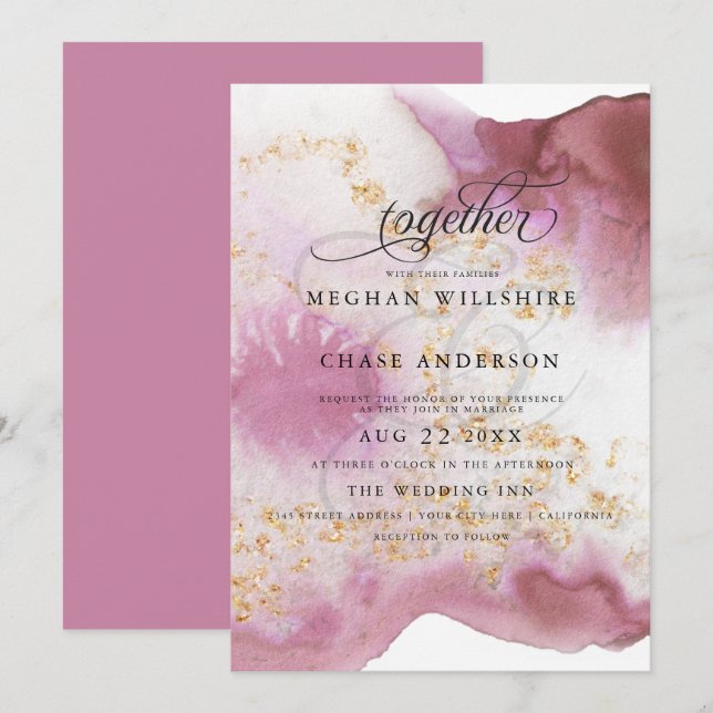 Invitation Aquarelle Rose Quartz Gold Geode BarefootBride™ (Devant / Derrière)