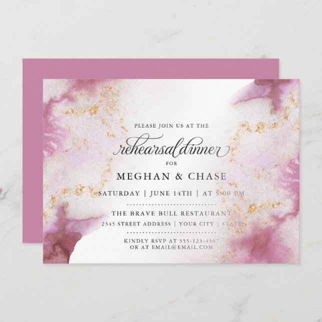 Invitation Aquarelle Rose Quartz Gold Geode BarefootBride™ (Devant / Derrière)