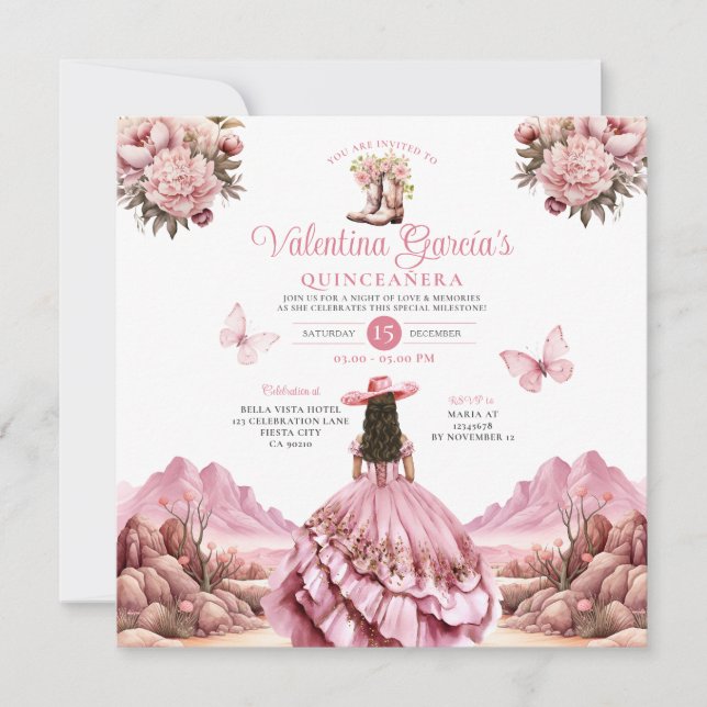Invitation Aquarelle rose Quinceañera 15 Anos Boots Western (Devant)
