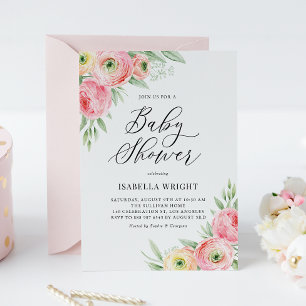 Invitation Aquarelle rose Ranunculus Baby shower de printemps
