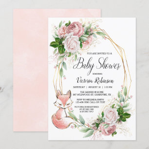 Invitation Aquarelle rose renard doux Baby shower vert