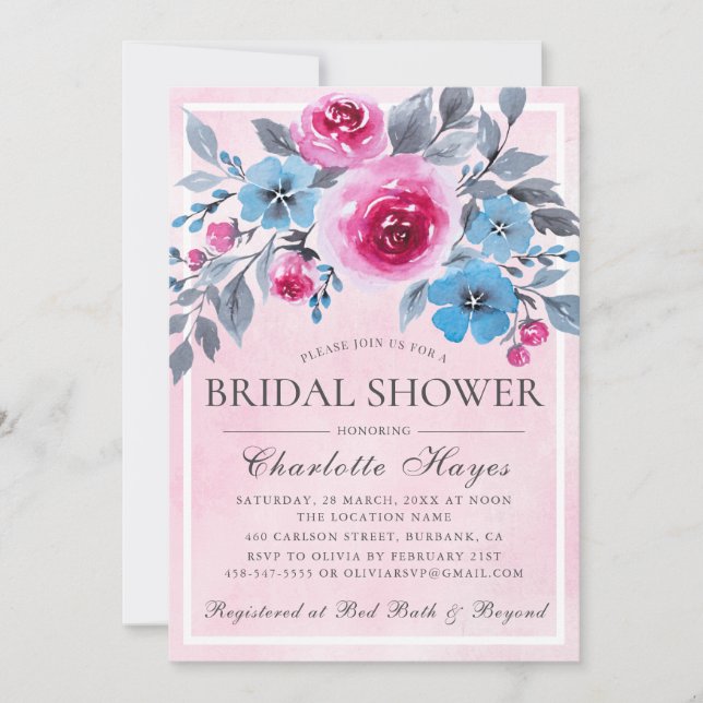 Invitation Aquarelle rose romantique Fête des mariées florale (Devant)