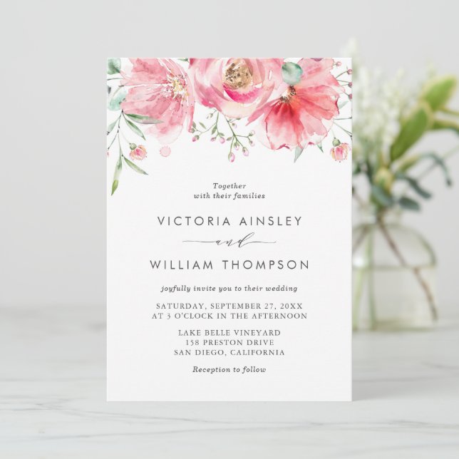 Invitation Aquarelle rose romantique Rose Mariage floral (Debout devant)
