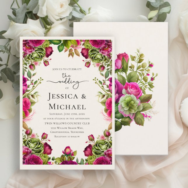 Invitation Aquarelle rose romantique Vert Mariage floral (Romantic pink and green watercolor flowers wedding invitation)