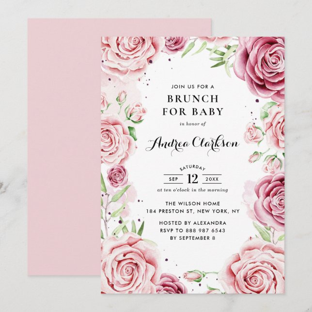 Invitation Aquarelle rose Rose Cadre Baby shower Brunch (Devant / Derrière)