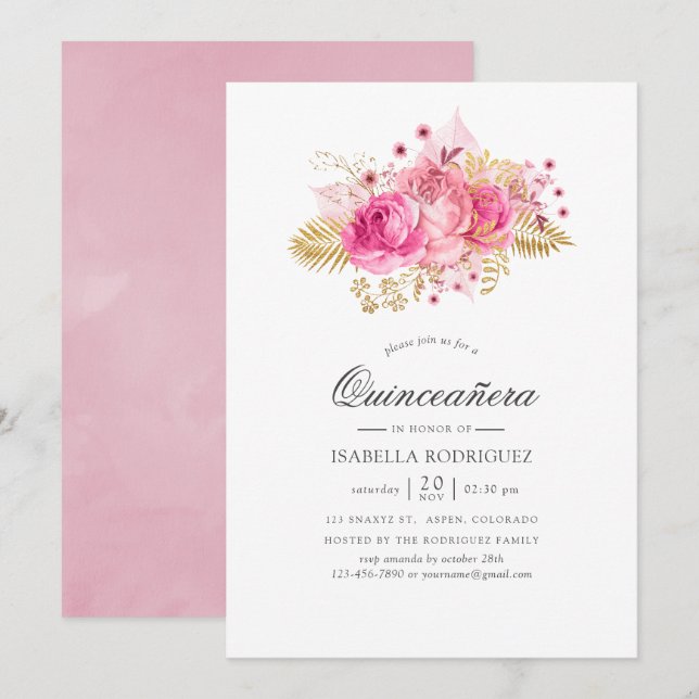 Invitation Aquarelle Rose rose et or Quinceañera (Devant / Derrière)